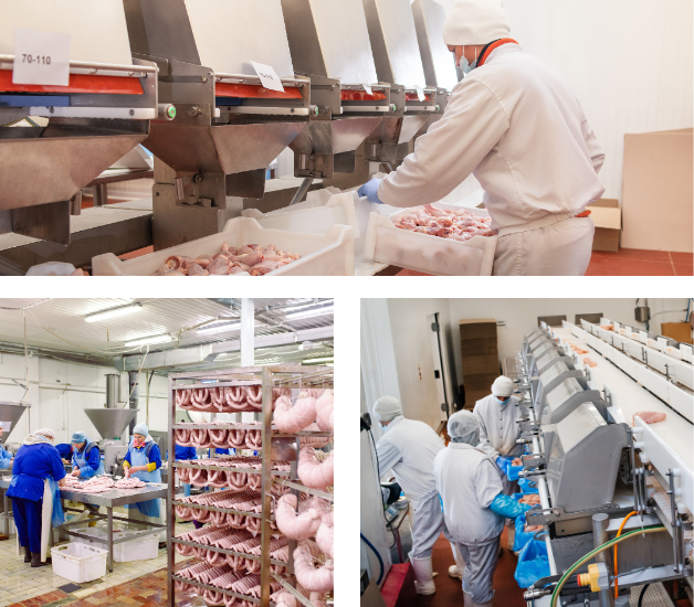 3 images of meat processing sites