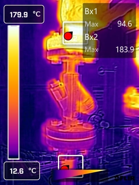 Thermal image of a 10-year-old Opal GEM Steam Trap operating efficiently on a 10-bar steam line